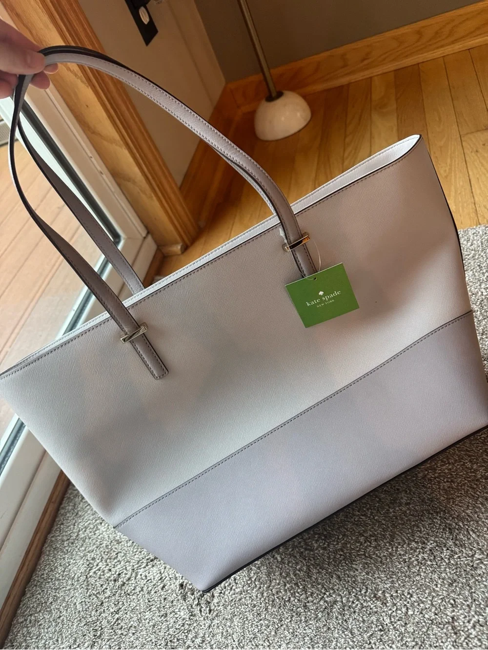kate spade Pale Gray Leather Tote with Gold Accents